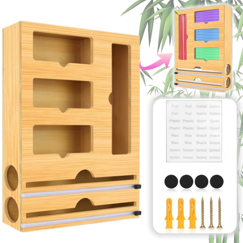 LQQBOX Cling Bag Organizer with Cutter, 6-in-1 Bamboo Aluminum Foil and Cling Wrap Organizer for Kitchen Drawers, Food Storage Bag Organizer