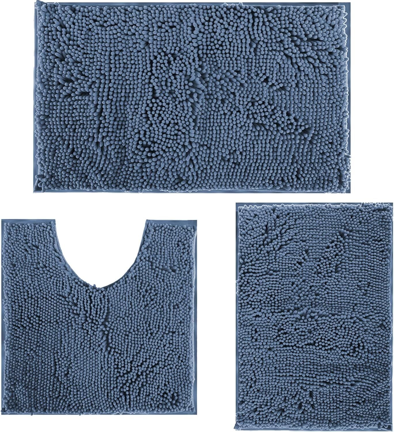 LQQBOX Bathroom Rugs Chenille Bath Mats Set 3 Piece Extra Soft and Absorbent Shaggy Rugs, Machine Wash and Dry, Perfect Plush Bath Mats for Tub, Bathroom ​Decor, Washable Carpets Set, Fog Blue