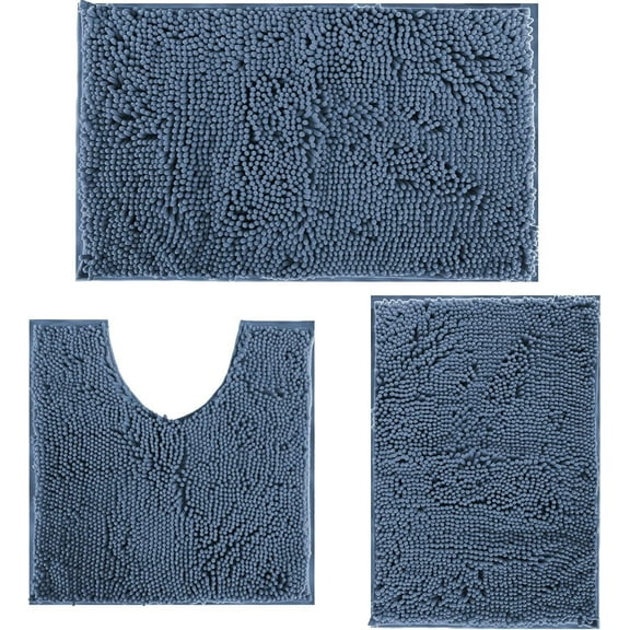 LQQBOX Bathroom Rugs Chenille Bath Mats Set 3 Piece Extra Soft and Absorbent Shaggy Rugs, Machine Wash and Dry, Perfect Plush Bath Mats for Tub, Bathroom ​Decor, Washable Carpets Set, Fog Blue