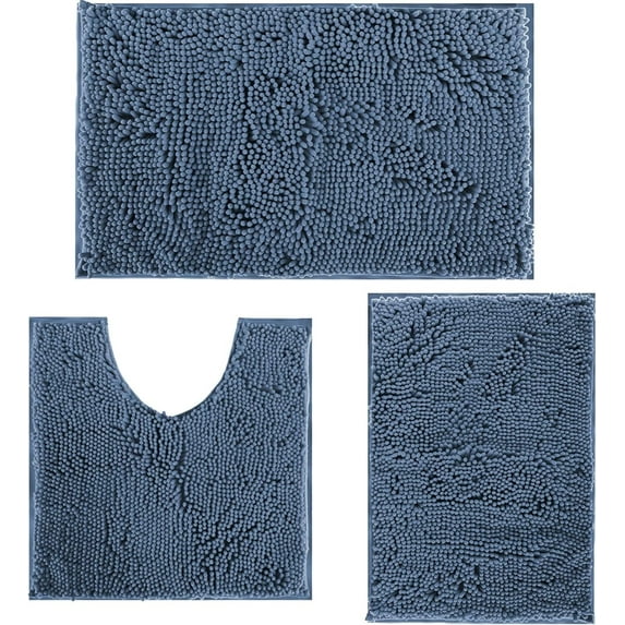 LQQBOX Bathroom Rugs Chenille Bath Mats Set 3 Piece Extra Soft and Absorbent Shaggy Rugs, Machine Wash and Dry, Perfect Plush Bath Mats for Tub, Bathroom Decor, Washable Carpets Set, Fog Blue