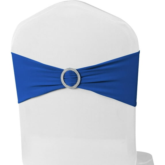 LQQBOX Blue Spandex Chair Sashes, 50pcs Premium Stretch Chair Bows with Buckle Slider, Universal Elastic Chair Bands for Wedding Party Banquet Decoration