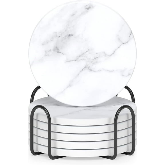 LQQBOX Coasters Set of 6, Home Decor, Coasters for Drinks, White Marble-Style Absorbent Coasters with Holder, Housewarming Gifts for Suitable for Kinds of Cups, 4 Inches