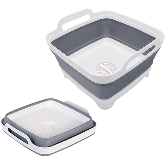 LQQBOX Collapsible Dish Basin with Drain Plug, Space Saving Outdoor Multiuse Foldable Sink Tub, Dishpan, Kitchen Storage Tray for Camping, Vegetable Washing, RV (Gray)