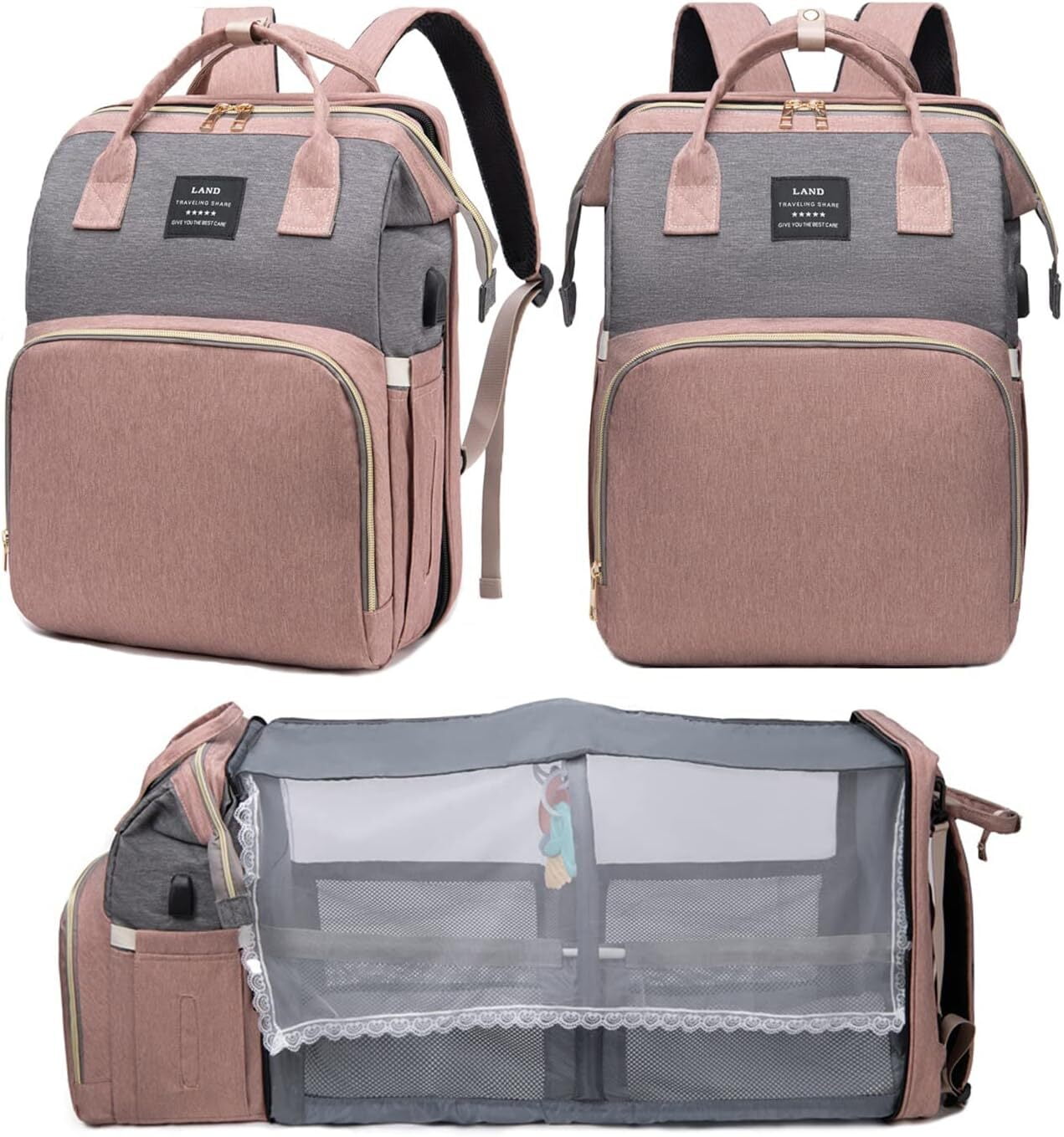 LQQBOX Diaper Bag with Changing Station,Diaper Bag Backpack,Girl Boy Diaper Bag,Large Capacity,900d Excellent Oxford(Ungrade Pink Grey)