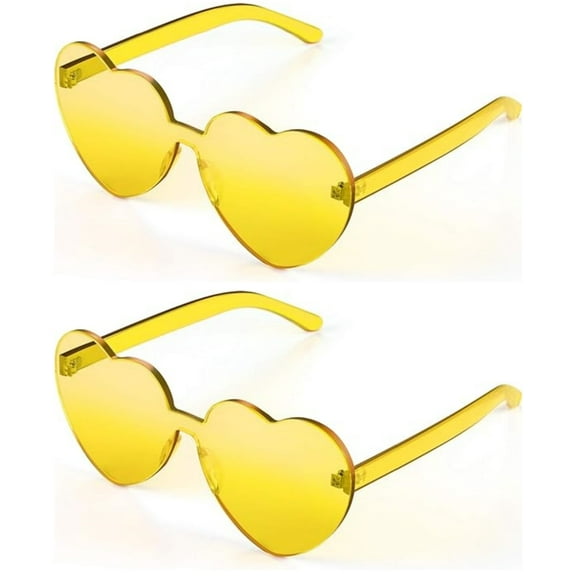 LQQBOX Heart Shaped Sunglasses, 2 Pack, Rimless, Retro, Yellow, Love Theme