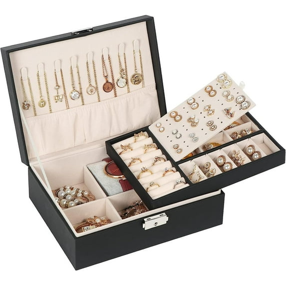 LQQBOX Jewelry Organizer – Elegant Travel Jewelry Case for Rings, Necklaces, Earrings –Simple Jewelry Organizer Box for Women– Black