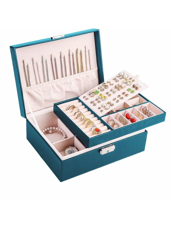 Jewelry box 2 layer Jewelry box Leather Jewelry boxes for Women Girls Teens Jewelry organizer box Jewelry Storage box with lock(Dark Green)