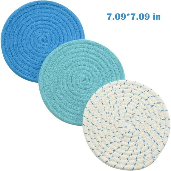 LQQBOX Kitchen Pot Holders Set Trivets Set 100% Pure Cotton Thread Weave Hot Pot (Set of 3) Stylish Coasters, Hot Pads, Hot Mats, Spoon Rest for Cooking and Baking by Diameter 7.09 Inches (Blue)