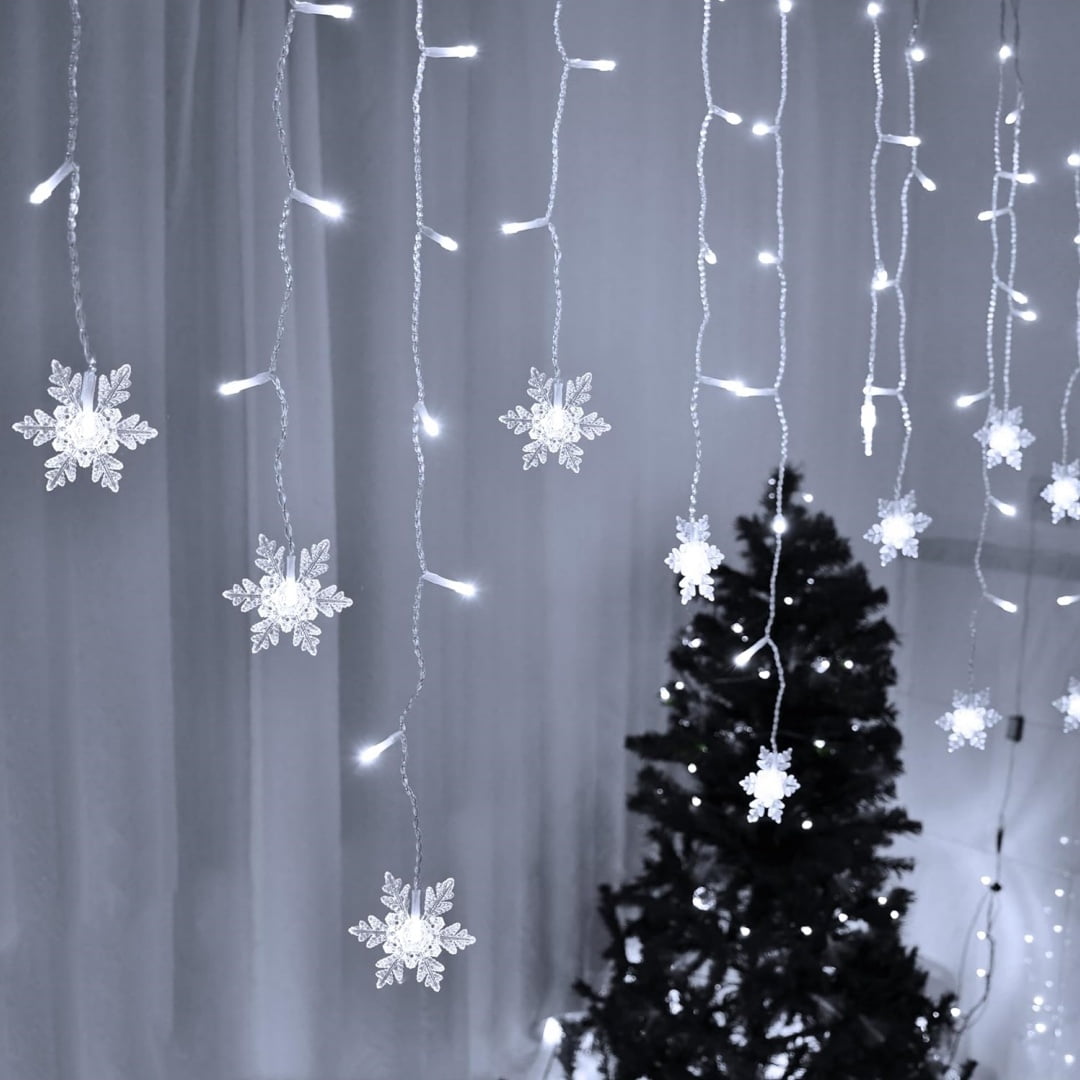 Snowflake Christmas Curtain Lights - 126 LED Icicle Lights With 8 Flashing Modes, USB Powered For Window Decor