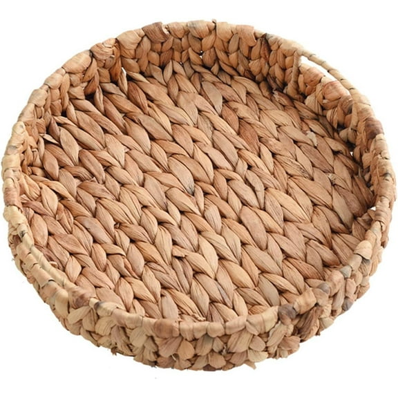 LQQBOX Large Round Grass Weaving TrayHand-Weaving Natural Water Hyacinth Storage Baskets,Wicker Serving Trays with Built-in Handles, Grass Storage Bins for Fruit,Arts and Crafts