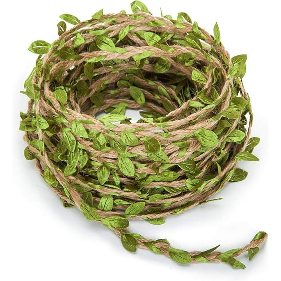 LQQBOX Leaf Ribbon, 131 Feet Natural Jute Twine Ribbon with Artificial Leaves for Crafts, Wedding, Jungle Safari Party, Home Decorations