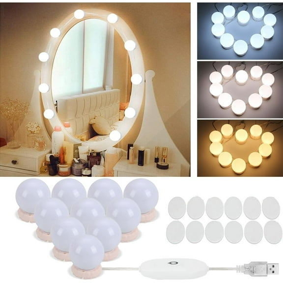 LQQBOX Mirror Lights Hollywood Style Makeup Vanity Lights for Mirror, 10 Bulbs Dimmable Lights Stick OnBathroom Wall Mirror Body Gift, 3 Color Modes