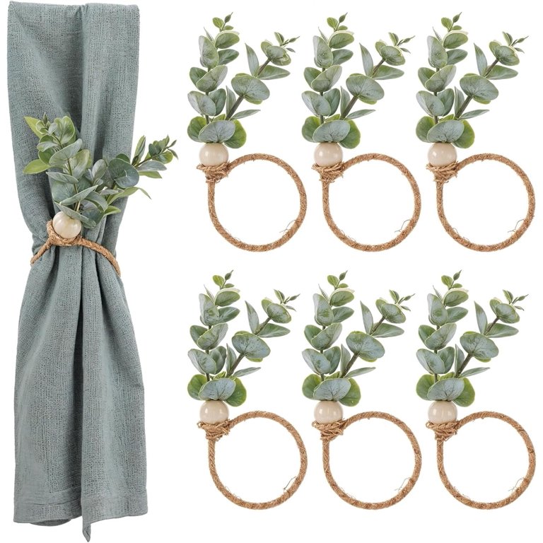 Set Of 6 Wood Bead Napkin Rings With Green Leaf & Eucalyptus - Rustic Farmhouse Table Decor For Weddings, Holidays & Family Dinners