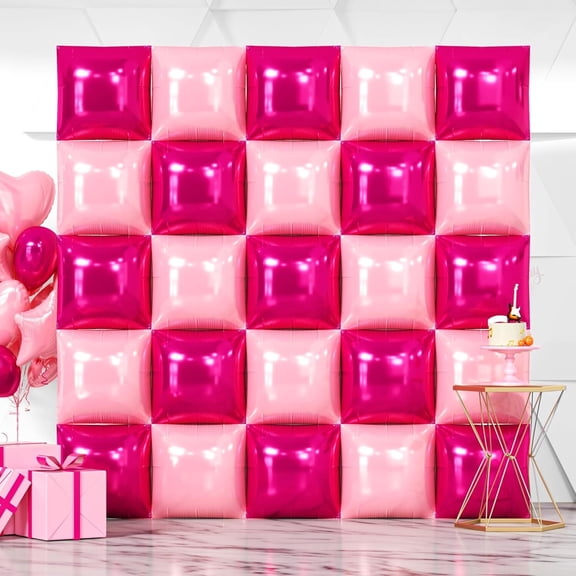 LQQBOX Pink Square Foil Balloon Wall, 25 PCS Double Sided Pink Square Balloon Backdrop for Girls Women Bachelorette Anniversary Birthday Party Decoration