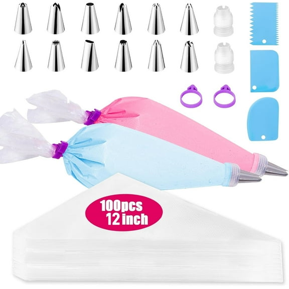 LQQBOX Piping Bags and Tip Set, Including 100pcs 12 Inch Disposable Pastry Bags, 3 Cake Scrapers, 12 Frosting Tips. etc (100pcs 12in Piping Bags with 20pcs Accessories)