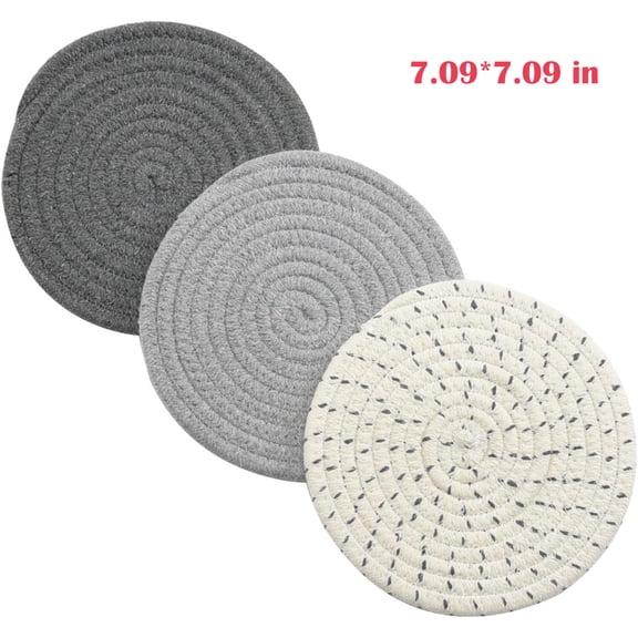LQQBOX Potholders Set Trivets Set 100% Pure Cotton Thread Weave Hot Pot Holders Set (Set of 3) Stylish Coasters, Hot Pads, Hot Mats, Spoon Rest For Cooking and Baking by Diameter 7.09 Inches (Gray)