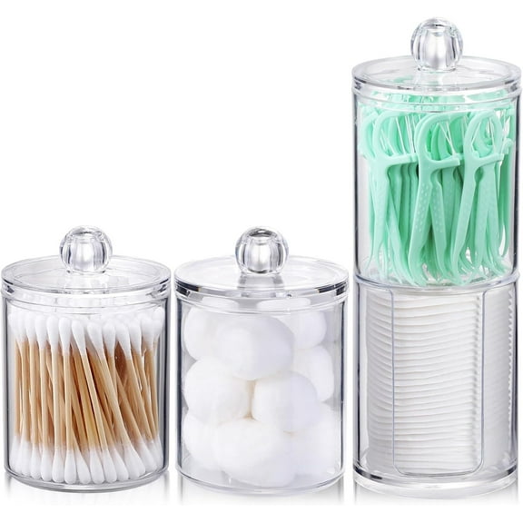 LQQBOX Qtip Holder - Restroom Bathroom Organizers and Storage Containers, Clear Plastic Apothecary Jars with Lids for Cotton Ball, Cotton Swab, Cotton Round Pads, Floss(4Pcs)