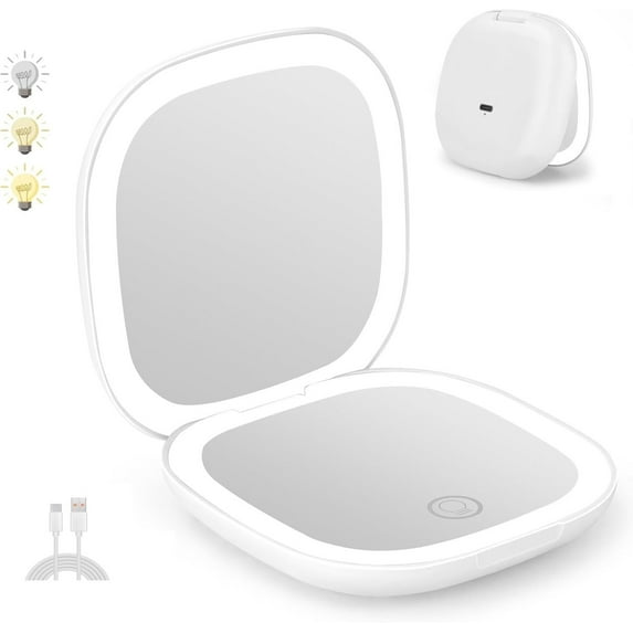 LQQBOX Rechargeable Pocket Mirror, 1X/10X Magnification LED Compact Travel Makeup Mirror with Light in 3 Colors Mode, Purse Mirror, 2-Sided, Portable, Folding, Handheld, Small Mirror