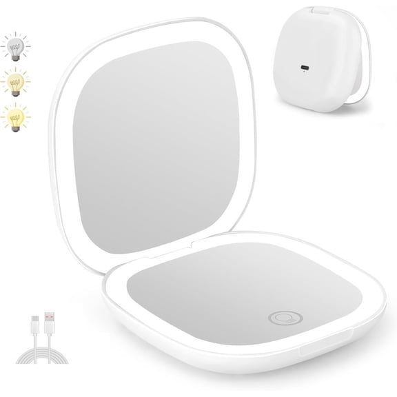 LQQBOX Rechargeable Pocket Mirror, 1X/10X Magnification LED Compact Travel Makeup Mirror with Light in 3 Colors Mode, Purse Mirror, 2-Sided, Portable, Folding, Handheld, Small Mirror