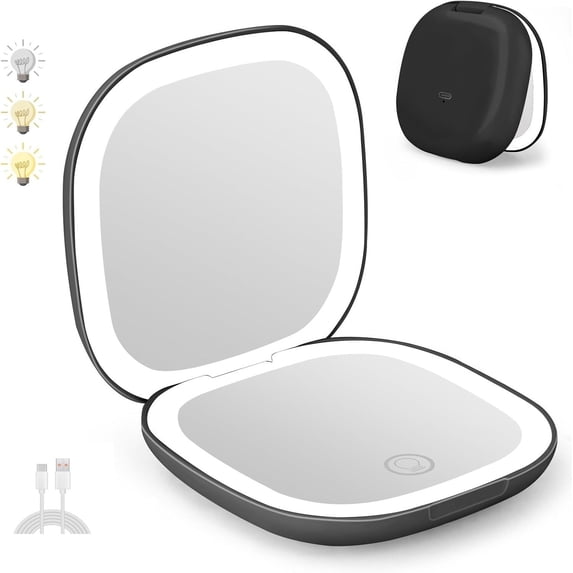 LQQBOX Rechargeable Pocket Mirror, 1X/10X Magnification LED Compact Travel Makeup Mirror with Light in 3 Colors Mode, Purse Mirror, 2-Sided, Portable, Folding, Handheld, Small Mirror