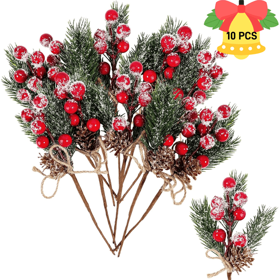 LQQBOX Red Berry Stems Pine Branches Evergreen Christmas Berries Decor 10 PCS Craft Wreath Pick Winter Holiday Floral Picks Holly Stem for Decoration DIY Xmas Garland Crafts