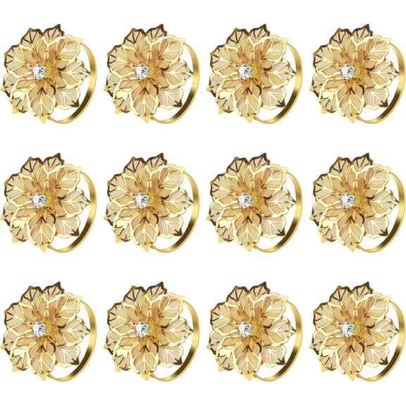 LQQBOX Set of 12 Napkin Rings, Metal Gold Hollow Out Flower Napkin Ring Holder for Wedding Party Holiday Banquet Christmas Dinner Delicate Serviette Buckles Decor Favor (Flower-Gold)