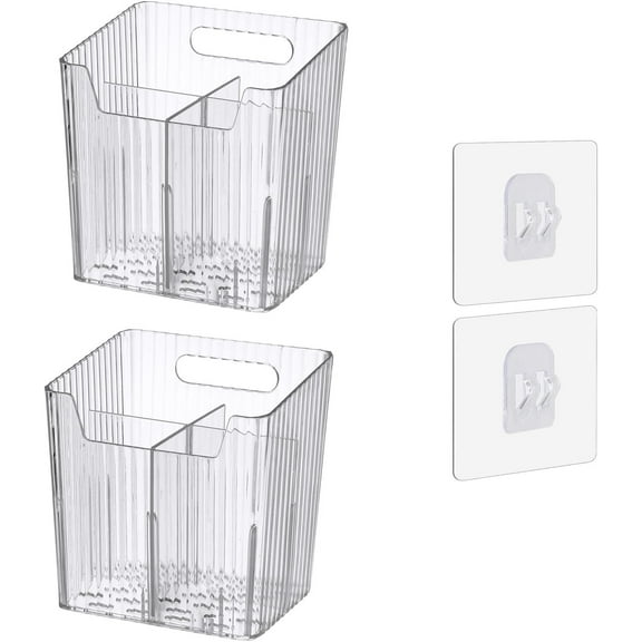 LQQBOX Set Of 2 Storage Organizer Bins Wall Mounted Shower Caddy, Bathroom shelves Stackable Clear Plastic Toothbrush Holder Adhesive Hanging Bin for Bathroom, Kitchen, Cabinet(Clear)