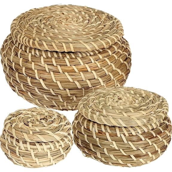 LQQBOX Set of 3 Small Wicker Basket with Lid, Round Woven Seagrass Baskets, Little Handmade Rattan Storage Basket Box for Shelf, Home, Bathroom Decor