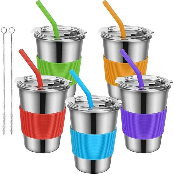 LQQBOX Stainless Steel Cups, 5 Pack 12oz Kids Drinking Glasses Spill Proof Metal Tumblers Cups with Lids and Straws for Kids and Adults