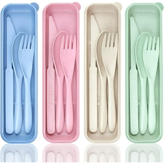 LQQBOX Travel Utensils Set with Case, 4 Sets Wheat Straw Reusable Spoon Knife Forks Tableware, Portable Cutlery Set for Lunch Box Accessories for Adults Kids Travel Picnic Camping or Daily Use