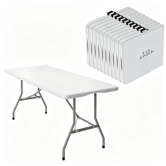 LQSEO 10Pcs of 6 Foot Foldable Table with Builtin Handle&Steel Legs,Heavy Duty Portable,Perfect for Party,Dining,Wedding,Events,Picnic Indoor,Outdoor,Camping,Utility,Folding(White-10Pac)