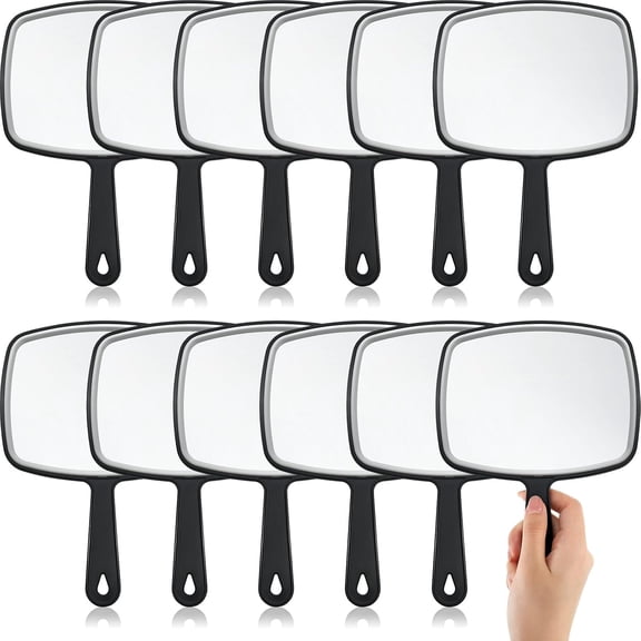 LQSEO 12 Pcs Hand Held Mirrors with Handles Hand Makeup Mirrors Bulk Wall Mount for Women Cosmetic Bathroom Home Barber Salon Travel Portable Beauty School Gift, 6.69 X 9.45 Inch (Black)