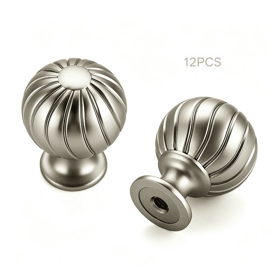 LQSEO 12Pcs Brushed Nickel Cabinet Knobs,1 Inch Round Dresser Drawer Knobs Ball Shape with Fluted Grooves,Kitchen Cabinet Restyle,For Dressers,Vanity Drawers,Closet Doors,Home Hardware