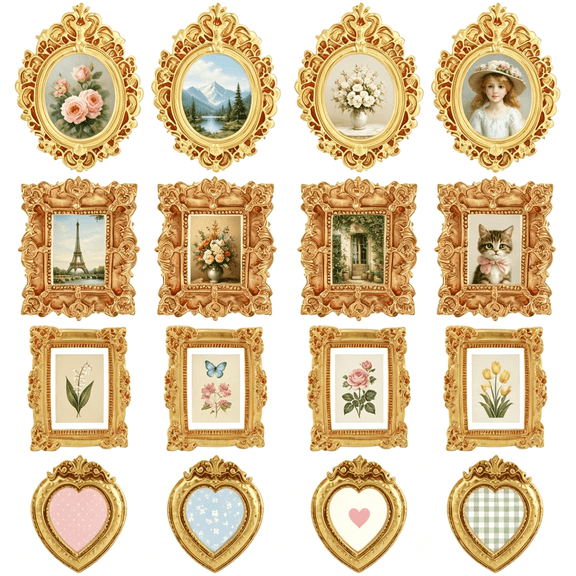 LQSEO 16 Pcs Vintage Mini Gold Picture Frames, Vintage Tiny Antique Resin Frames for Diy Crafts, Small Miniature Photo Frames for Tabletop, Holiday Party, Wedding, Christmas Decor