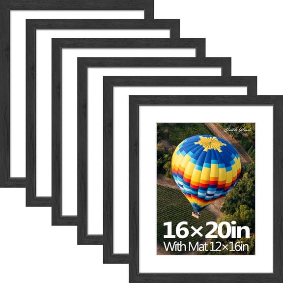 LQSEO 16X20 Picture Frames Black - 6 Pack,Wide Border Solid Wood,Tempered Glass,Display 12X16 Photo with Mat Or 16 X 20 Without,For Home,Office,Gallery,Woodgrain Series,Wall Hanging
