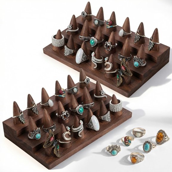LQSEO 2 Pcs Wooden Ring Display Stand, 3-Tier Ring Organizer with 18 Fingers, Jewelry Showcase Holder for Storage & Selling, Compact Brown Desktop Rings Holder for Vendors & Home