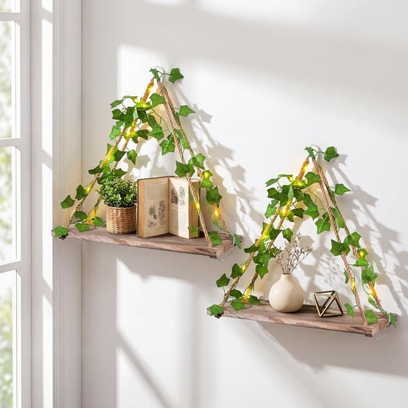 LQSEO 2Pcs Floating Shelves for Wall Decor Storage Hanging Shelves with Artificial Ivy Garland&Led-Strip for Living Room,Bedroom Space Saving Shelf,Green Ivy,Light-Colored Wooden Board