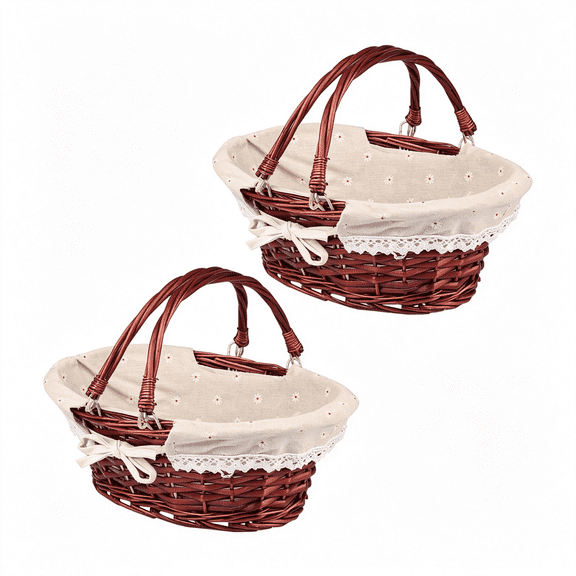 LQSEO 2Pcs Medium Size Wicker Basket with Handle,12.6X9X4.7In Wicker Picnic Basket with Liner,Empty Gift Basket,Oval Willow Woven Basket for Fruit,Candy,Wine,Gathering,Wedding,Picnic,By