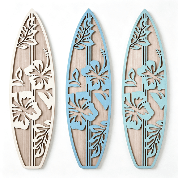 LQSEO 3 Pieces Surfboard Decor for Bedroom Wooden Beach Wall Decor Summer Wood Surfboard Wall Hanging Sign for Tropical Living Room Decoration(Hibiscus,Blue)