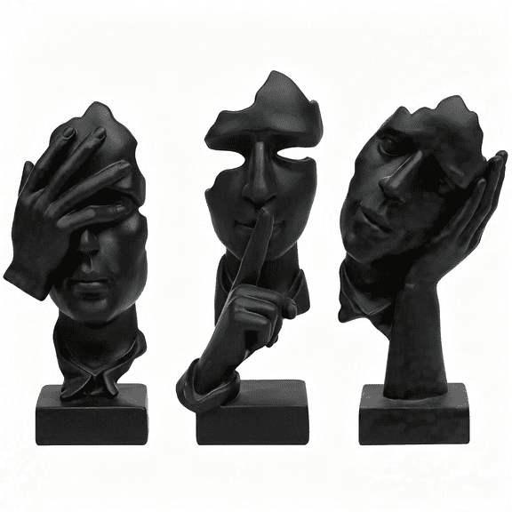 LQSEO 3Pc Thinker Statue,Silence Is Gold Abstract Art Figurine,No Hear No See No Speak Modern Home Resin Sculptures Decorative Objects Decor for Home Office Bookshelf Desktop(Black)(A-41)