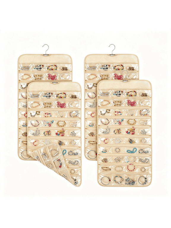 4 Pcs Hanging Jewelry Organizer with 80 Pockets | Dual-Sided Jewelry Holder Hanging Storage Organizer Hanger Closet for Bracelet Necklace Ring Earring Accessories, Beige