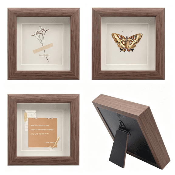 LQSEO 4 Pcs Shadow Box Picture Frame,Vintage Small Wood Square Frame (4In)|Wall Mounted & Tabletop Photo Frame with Real Glass for Mini Dried Flower Bouquet,Memorabilia,Medals,Badges,Shells,Photo