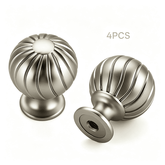 LQSEO 4Pcs Brushed Nickel Cabinet Knobs,1" Round Dresser Drawer Knobs Ball Shape with Fluted Grooves,Kitchen Cabinet Restyle,For Dressers,Vanity Drawers,Closet Doors,Home Hardware