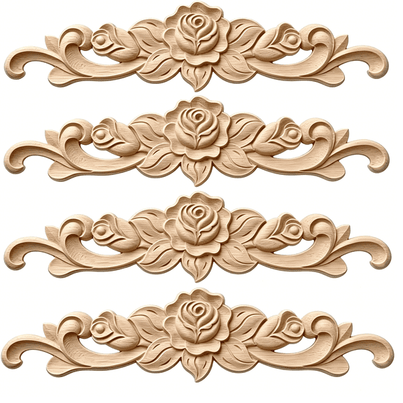 LQSEO 4Pcs Rose Wood Carved Appliques Onlays Unpainted Floral Wood Carvings 20X5Cm (7.87"X1.97") Diy Furniture Decor for Cabinet Bed Wardrobe Dresser Wall and Fireplace