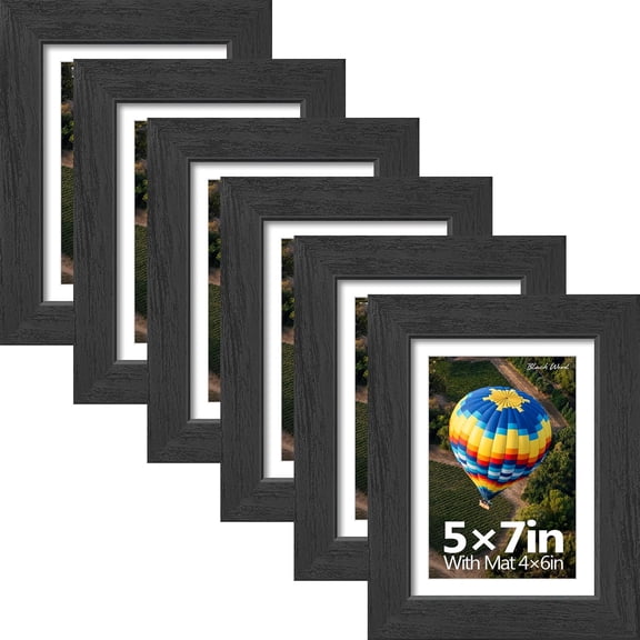 LQSEO 5X7 Picture Frames Black-6 Pack,Wide Border Solid Wood,Tempered Glass,Display 4X6 Photo with Mat Or 5X7 Without,For Home,Office,Gallery,Woodgrain Series,Tabletop&Wall Hanging