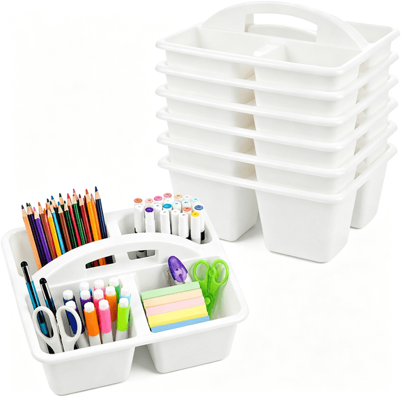 LQSEO 6 Pack Plastic Classroom Caddy with 4-Compartments Plastic Storage Caddies with Handle 4 Compartments Table Caddy Organizer Versatile Table Caddies for Classroom Office, White
