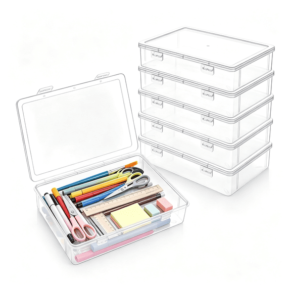 LQSEO 6 Pcs 9 X 6.5 X 2 Inch Clear Plastic Storage Boxes with Latching Lids | Clear Stackable Rectangular Craft Storage Boxes,Portable Multi-Purpose Cases for A5 Notebooks,Beads and Art Supplies