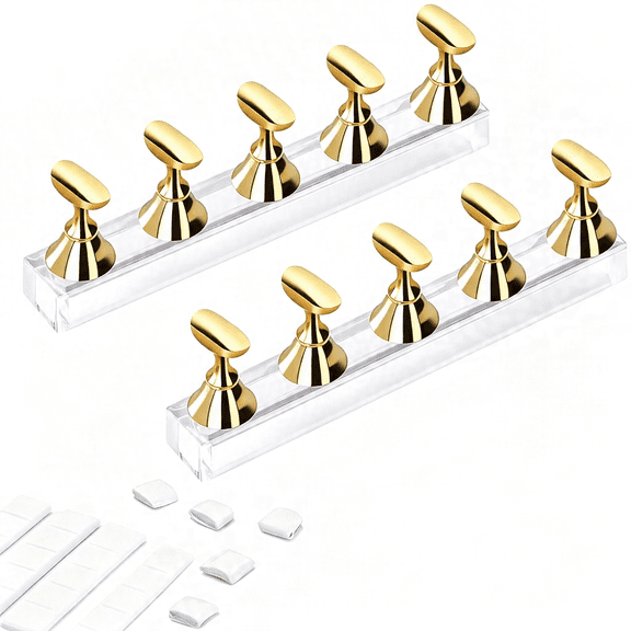 LQSEO Acrylic Nail Display Stand Diy Nail Crystal Holder Magnetic Practice Stands with Reusable Adhesive Putty Clay for False Nail Tip Manicure Tool (2 Gold)