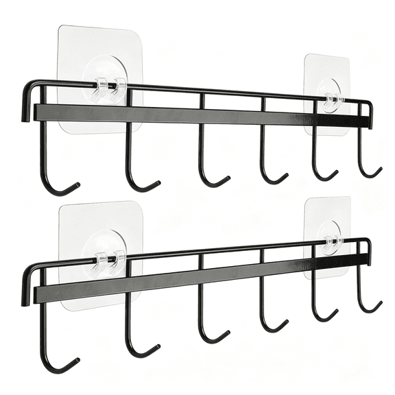 LQSEO Adhesive Wall Hooks Rack Kitchen Rail, Space Saving Utensil Holder No Drilling Wall Mounted Accessory Hanger with 6 Hooks for Kitchen Bathroom Bedroompcs of 2 (Black)