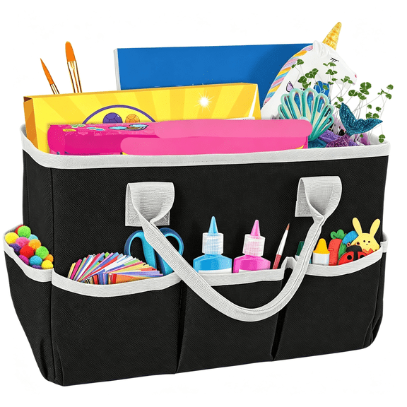 LQSEO Art Supply Storage Organizer Caddy,Craft Tote Bags with Pockets for Scrapbook Organization and Storage Supplies,Portable Office Organizer (Black,Small)